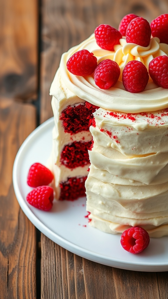 A red velvet cake with cream cheese frosting, garnished with raspberries, on a wooden table.